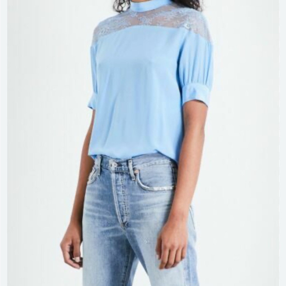 Sandro Silk Light Blue Lace Accent Blouse